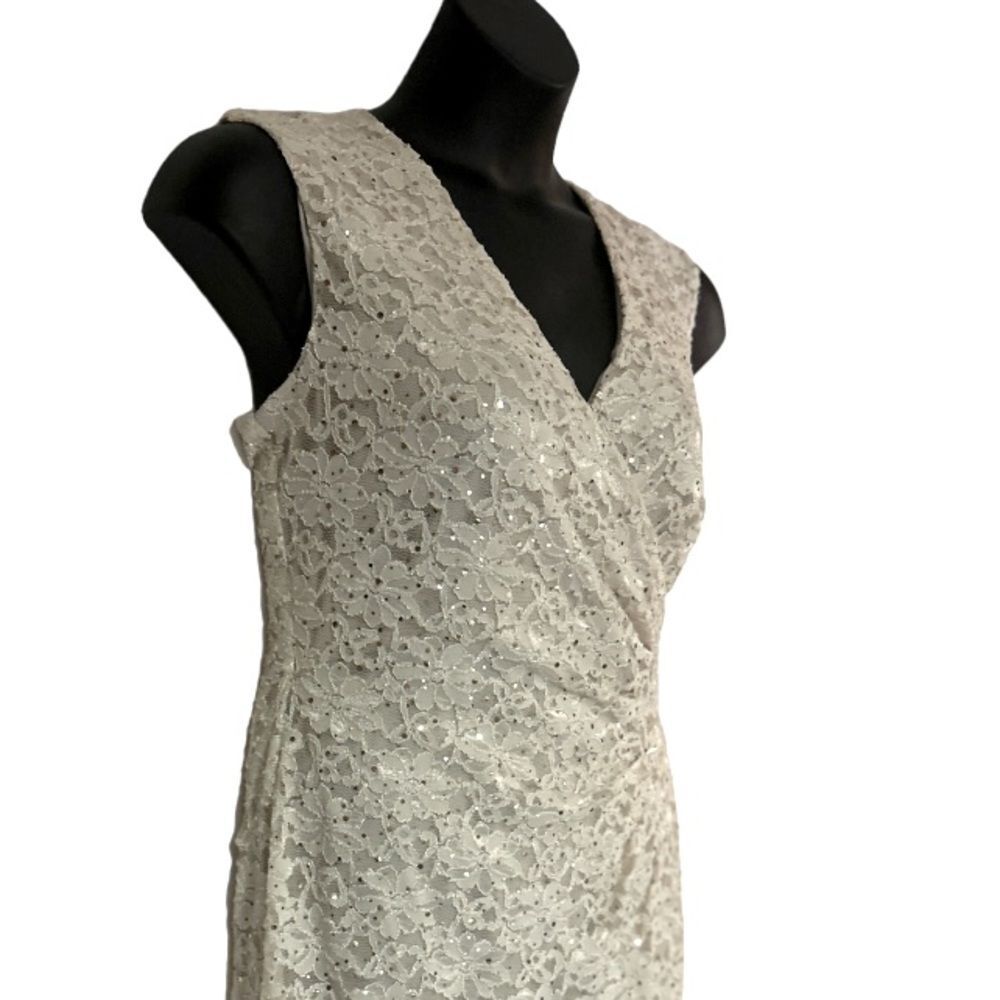 Connected Lace Sequin Side Pleat Ivory Knee Length Sheath Night Out Party Dress - Picture 11 of 16
